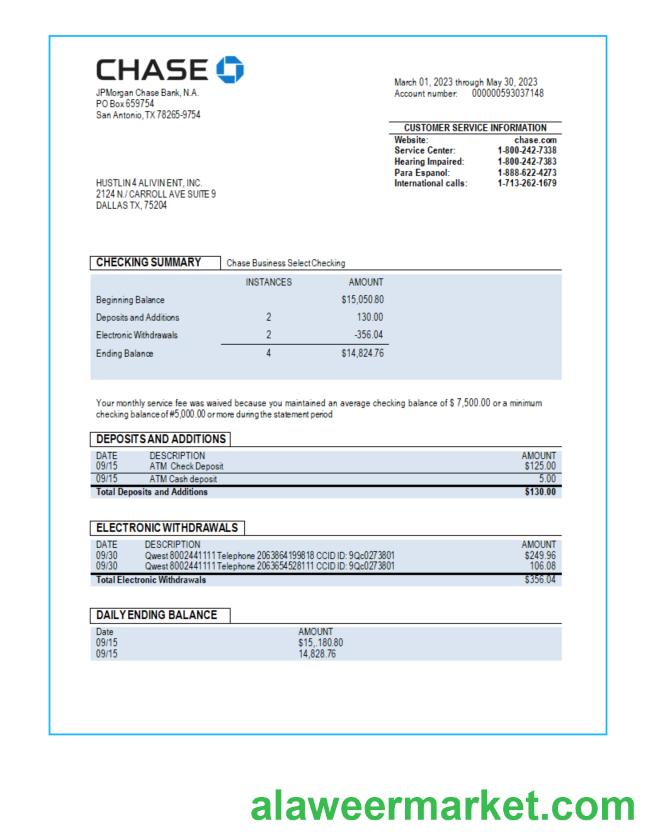 Chase bank business checking account statement Word and PDF template